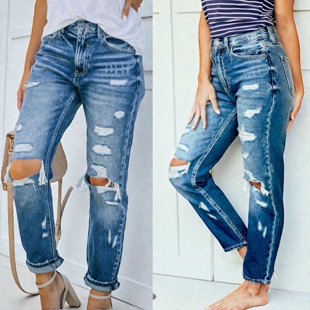 Kancan Ultra High Rise Dark Wash Cropped Distressed Mom Fit Jeans 15/31 NWT